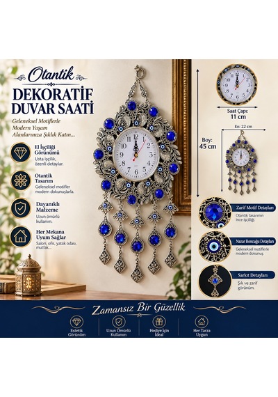 Nazar Boncuklu Büyük Duvar Saati (413466597) Metalik