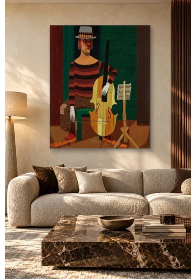 Fida Pelle Aberg Çello Çalan Şapkalı Palyaço Canvas Tablo Çok Renkli