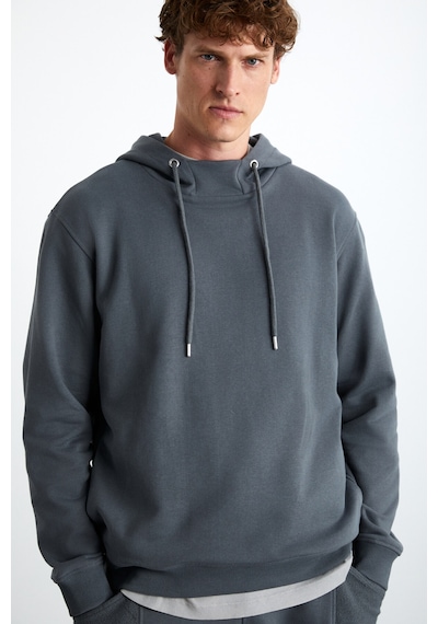 Grimelange Alessıo Erkek %100 Pamuk Kapüşonlu Kordon Detaylı Oversize Fit Gri Sweatshirt Gri
