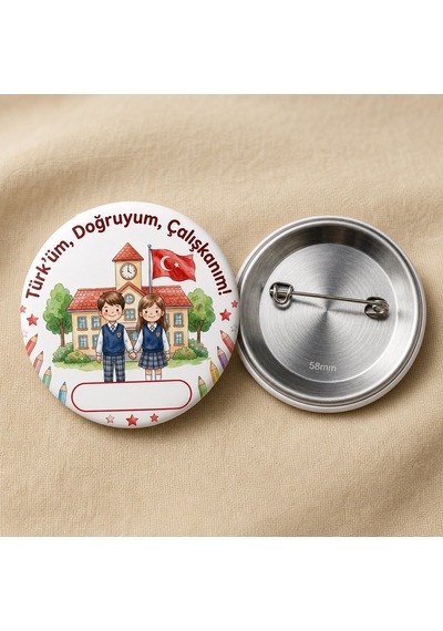 Fikart Türküm Doğruyum Çalışkanım - Lacivert Üniforma - Okul Ve Öğrenci Temalı 58mm İğneli Metal Buton Rozet Çok Renkli