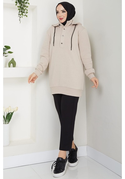 Esilanur Çıkarılabilir Kapüşonlu 3 İplik Şardonlu Sweatshirt Bej
