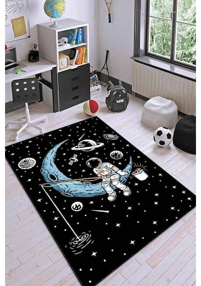 Siyah Kaymaz Taban Uzay Tema Astronotlu Çocuk Halısı Ar1159n11