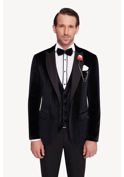Ysf Erkek Siyah Slim Fit Sivri Yaka Kadife Damatlık