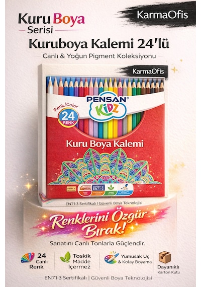 Kuruboya Kalemi 24 Lü Canlı Renkler, Yumuşak Uç, Çocuklar Ve Okul İçin İdeal Kuru Boya Seti Beyaz