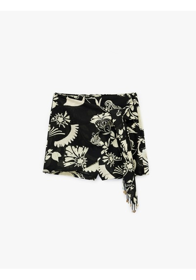 Koton Keten Karışımlı Bağlamalı Boncuklu Floral Desenli Kruvaze Mini Şort Etek Siyah Desenli 6sak40140ew