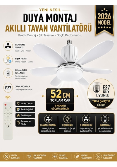 Tavan Vantilatör Kumandalı Sessiz 6 Kanatlı Işıklı E27 Duy Modern Led Aydınlatma Yeni Nesil