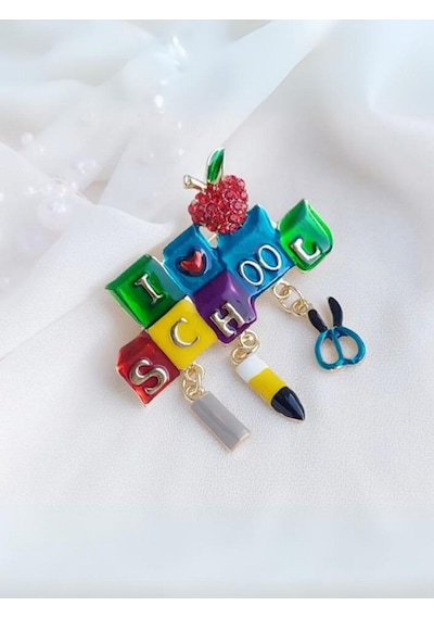 Öğrenciler Ve Öğretmenler İçin I Love School Broşu Altın - Çok Renkli