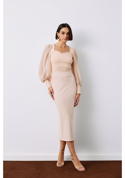 Sateen Midi Boy Kalem Etek - Bej