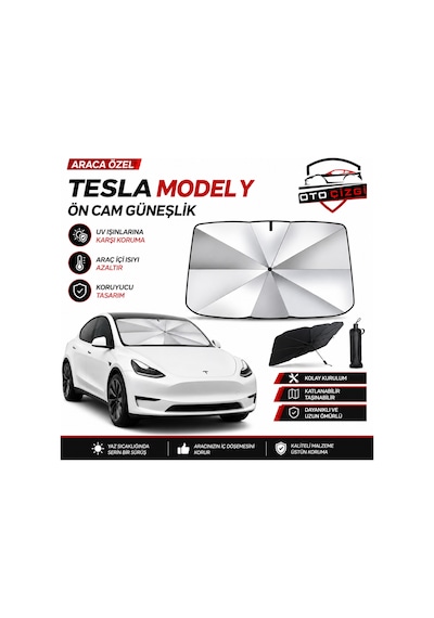Tesla Model Y Şemsiye Tip Ön Cam Güneşliği Katlanabilir Uv Korumalı Araç Cam Güneşlik