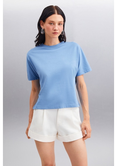 Grimelange Lottıe Kadın %100 Organik Pamuklu Regular Kalıp Bisiklet Yaka Basic Kısa Kollu Indigo T-shirt Indigo
