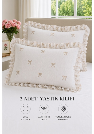2 Li Pamuklu Fırfırlı Yastık Kılıfı 50x70 Kahverengi