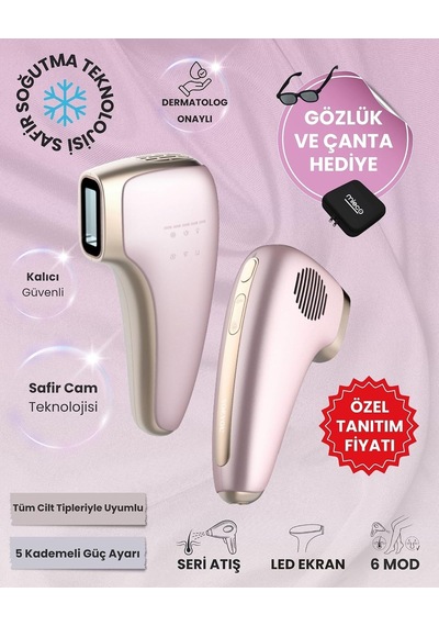 Safir Soğutma Özellikli Ipl Lazer Epilasyon Aleti Rosegold - Safir Cam, Yüz Ve Vücut, Hassas Bölge, Soğutma Modu + Gözlük Ve Çanta Hediyeli