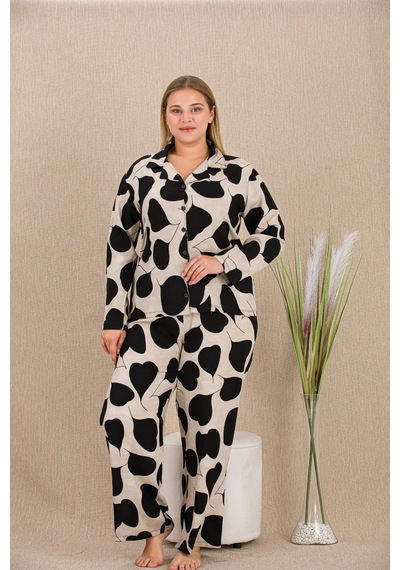 Aria's Closet Arias Closet Büyük Beden Siyah Beyaz Kalp Desenli Düğmeli Uzun Kol Viskon Pijama Takımı Çok Renkli