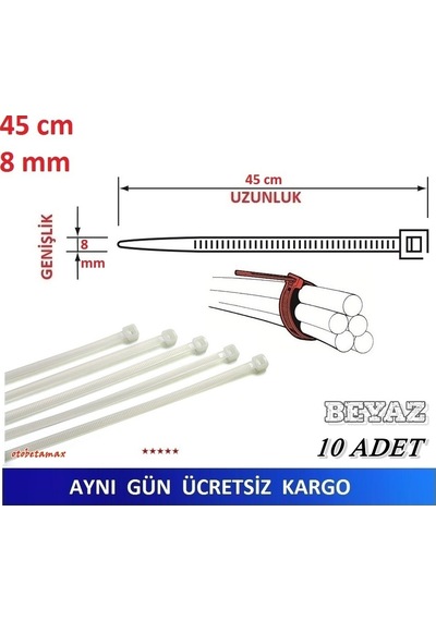 10 Adet 45Cm X 8Mm Plastik Cırt Kelepçe Kablo Bağı Beyaz