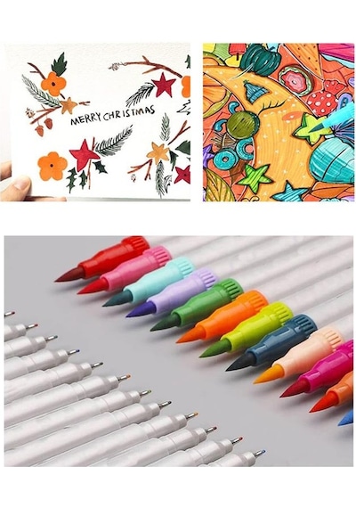 Fineliner Kalem Çift Yönlü 12 Renk 1 Paket Fırça Uç Ve Fineliner Brushpen 12li Keçe Uçlu Kalem Kalın İnce Keçeli Kalem