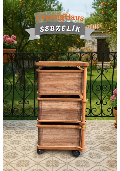 Ahşap Sebzelik Geleneksel Tasarım Kare 3 X 5 Lt Kapasiteli Kemençe Desenli Diğer