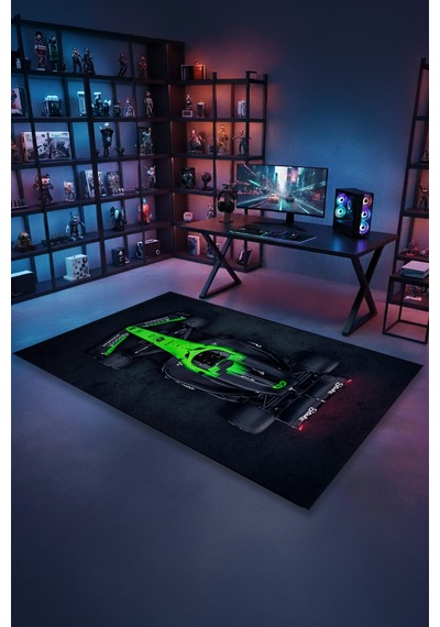 Formula 1 Neon Yeşil Yarış Arabası Halı Kaymaz Taban Yıkanabilir Gamer Odası Halısı F1.10 F1.9