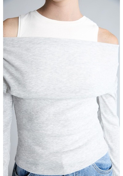 Defacto %100 Pamuk Slim Fit Tek Omuzlu Drape Detaylı Ribana Uzun Kollu Basic Tişört I2636ax26augr210 Gri-gr210