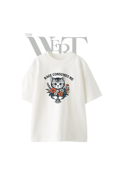 Thewert Rage Cat Tasarım Baskılı Ünisex Beyaz Oversize T-shirt