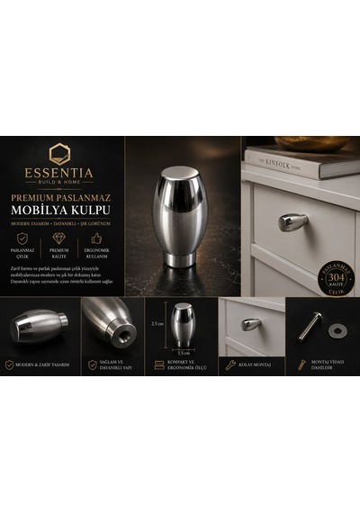 Paslanmaz Çelik Oval Mobilya Kulpu Modern Premium Dolap Düğmesi 5 Adet Çoklu Renk