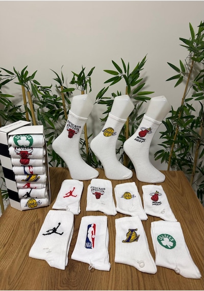 Özel Kutulu 8 Li Seri Basketbol Temali Kolej Tenis Çorap Beyaz