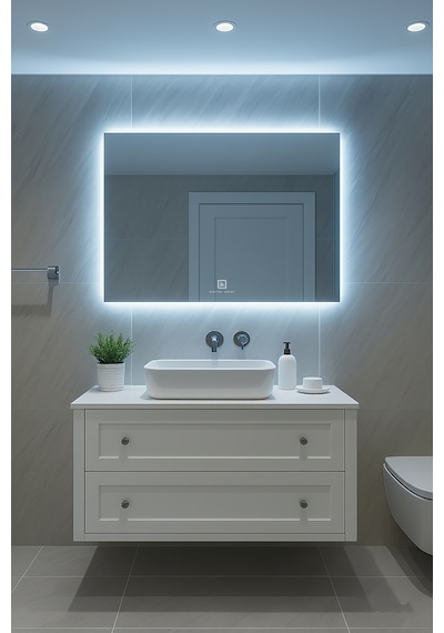 Digital Hayat Dokunmatik Dimlenebilir Mavi Led Işıklı Dikdörtgen Ayna Dekoratif Banyo Makyaj Aynası Yatay Ve Dikey Kullanım Mavi