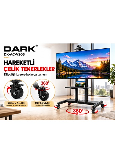 Dark Dk-ac-vs05 52"-110" 100kg Tekerlekli Profesyonel Tv Ve Fuar Standı Kamera & Av Raflı