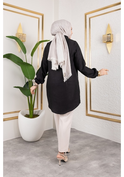 Nevayla Moda Önü Büzgülü Bilek Lastikli Tunik - Siyah / Ü104 Siyah