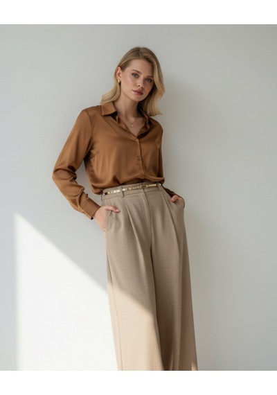 Pera Moda Saten Yüzeyli Fitted Gömlek Kahve