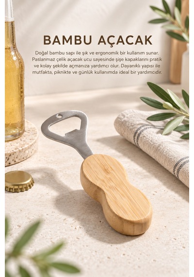 Bambu Saplı Şişe Açacağı Paslanmaz Çelik Uçlu Ergonomik Kapak Açıcı Bej - 919956922 Bej