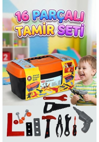 16 Parçalı Çantalı Matkap Ve El Aletleri Eğitici Öğretici Tamir Çantası Oyuncak Seti 01