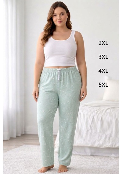 Viskon Pamuklu Kadın Büyük Beden Açık Gri Desenli Pijama Pantolon - Mgb008 - Mudanis