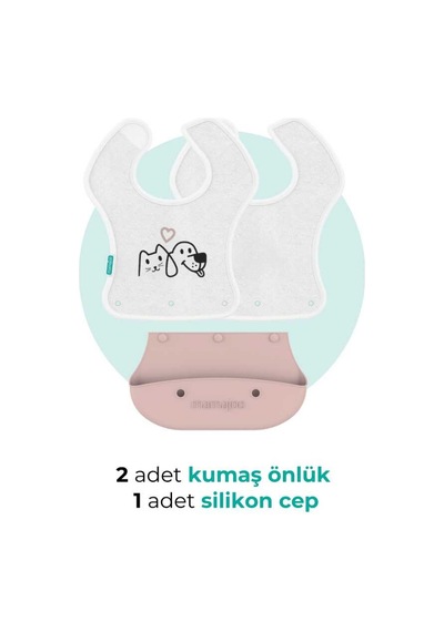 Mamajoo Silikon & Kumaş Katlanır Mama Önlüğü | 2-in-1 Powder Pink + Kumaş Önlük