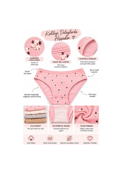 Westicgiyim Kadın Kaşkorse Fitilli Bikini Külot 4 Lü Paket %100 Pamuk Desenli Asorti Renk M-l-xl çok Renkli