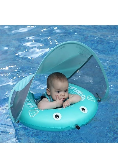 Mambobaby Yüzme Simidi - Blue Fish, Emniyetli, Gölgelikli Ve Ayak Destekli