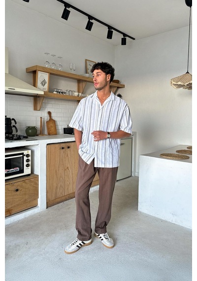 Flaw Çizgili Oversize Kısa Kol Gömlek Beyaz-25868 Beyaz