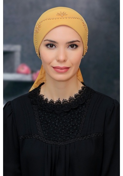 Hürrem Bone Gold Pratik Hazır Geçmeli Tesettür Bone Sandy Kumaş Güllü Boncukl Altın