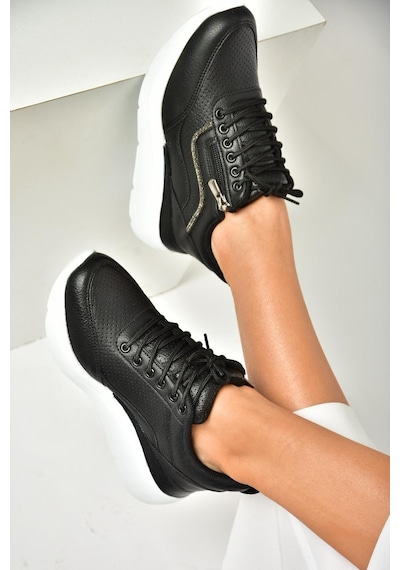 Fox Shoes U702020709 Siyah Kalın Tabanlı Spor Ayakkabı Sneakers Siyah-suni Deri Siyah