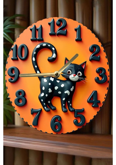 Siyah Noktalı Kedi Figürlü Çift Katmanlı Mdf Duvar Saati 3d Görünümlü Tasarım 33 Cm Sdw340 Renkli