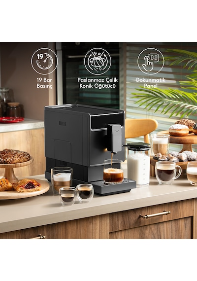 Vestel ESPR 30 GR 19 Bar Basınç Paslanmaz Çelik Konik Öğütücü Dokunmatik Panel Latte Cappuccino Espresso Makinesi