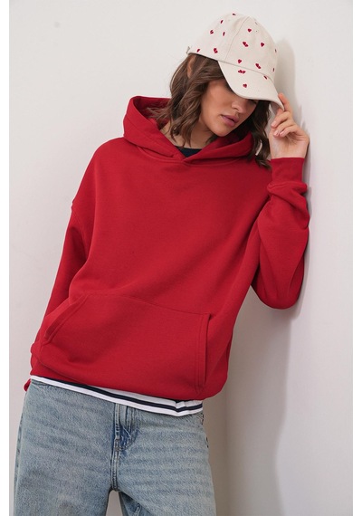 Mixray 2022 Unisex 3iplik Basic Polarlı Kapüşonlu Sweatshirt Hoodie Kırmızı Kırmızı