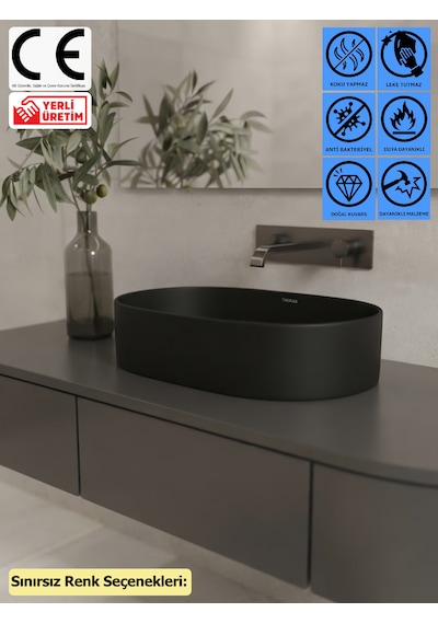 Thorax Flora Sınırsız Renk Leke Tutmaz Granit Çanak Banyo Evyesi Lavabosu Modern Yuvarlak Tasarım Çok Renkli