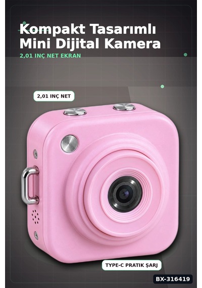 Mini Dijital Fotoğraf Makinesi 2.01 İnç Ekranlı Type C Şarjlı Pembe Kamera Bx-316419