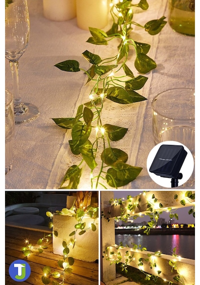 Technojet Güneş Enerjili Dekoratif Yapay Yapraklı Sarmaşık 50 Ledli 5 Metre Solar Bahçe Balkon Dekor Gün Işığı