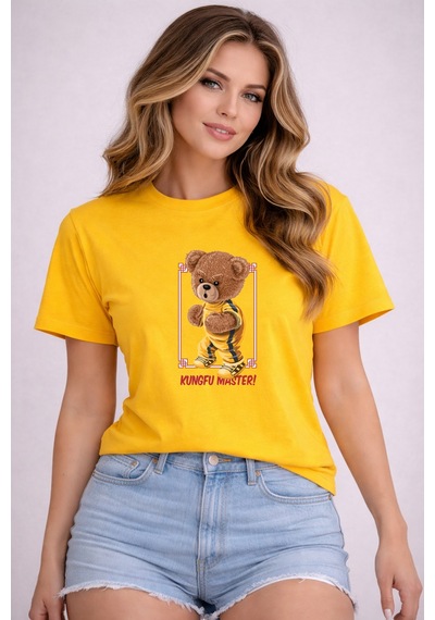 Herkesemoda Kungfu Master Baskı Detaylı Basic T-shirt Sarı