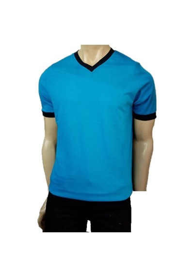Aka Erkek Turkuaz / Siyah V Yaka Slimfit Kısa Kol Penye T-Shirt
