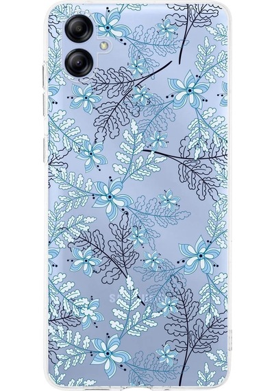 Samsung Uyumlu Galaxy A04e Kamera Korumalı Kapak Floral Mavi Tasarımlı Şeffaf Kılıf