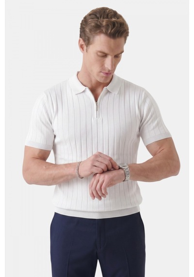 Rizzup Erkek Beyaz Polo Yaka Fermuarlı Çizgi Dokulu Regular Fit Likralı Triko Tişört 2608008