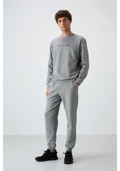 Tommy Life Gri Melanj Pamuklu Kalın Yumuşak Dokulu Comfort Fit Baskılı Erkek Eşofman Takım - 85239 GRİ MELANJ