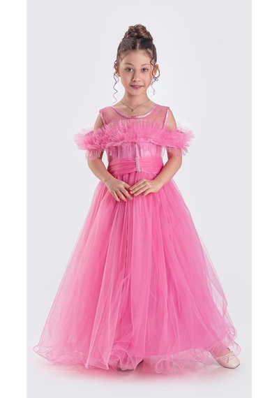 Mnk Baby & Kids Uzun Etek Kız Çocuk Robası Şifon Abiye M00723 Fuşya